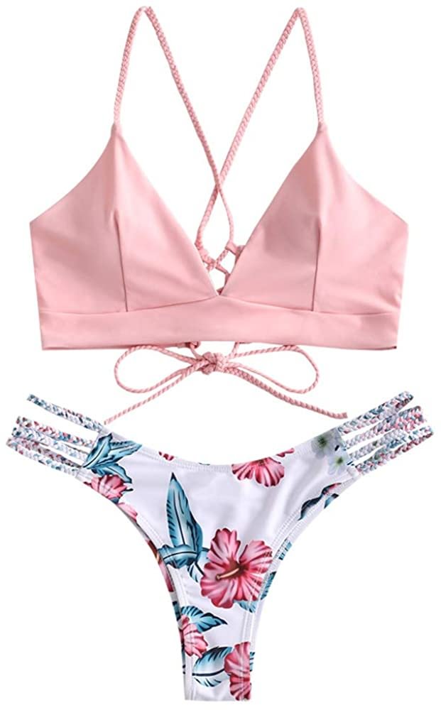 Women Braided Straps Lace Up Bikini Set Bralette Swimsuit Flower Bathing Suit