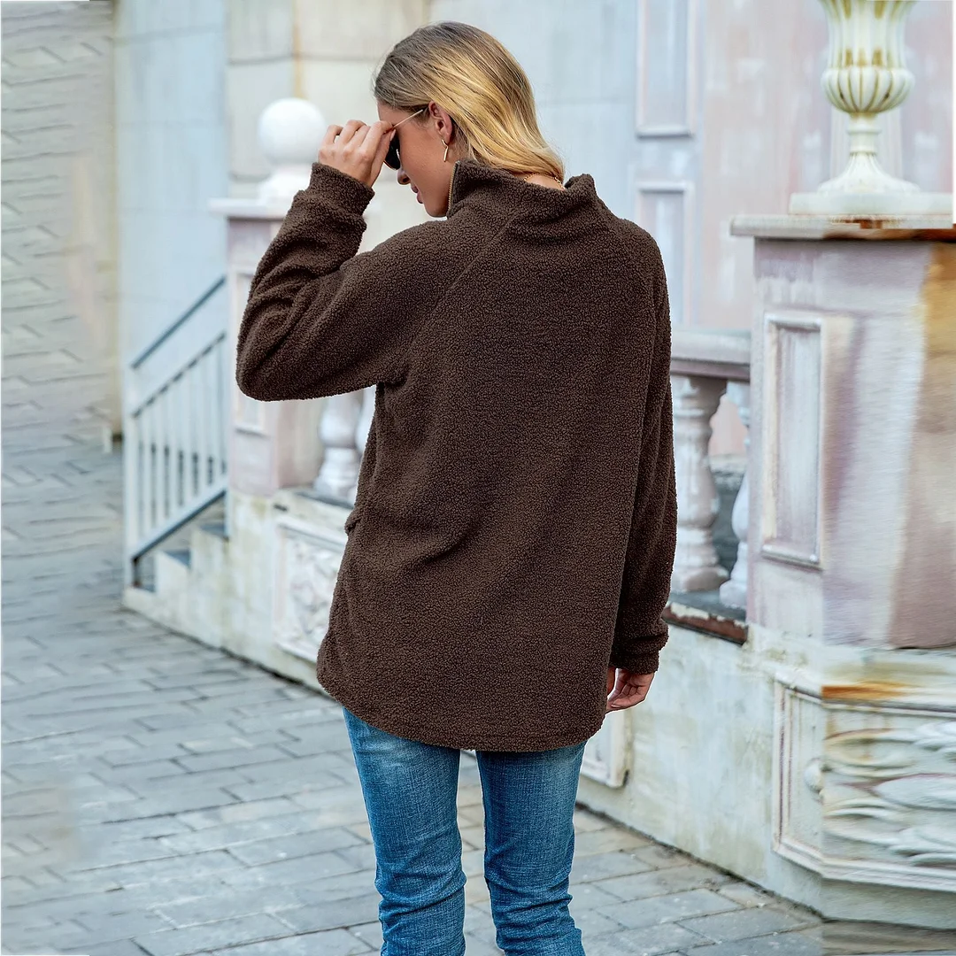 Women Zipper Loose High Neck Plush Top