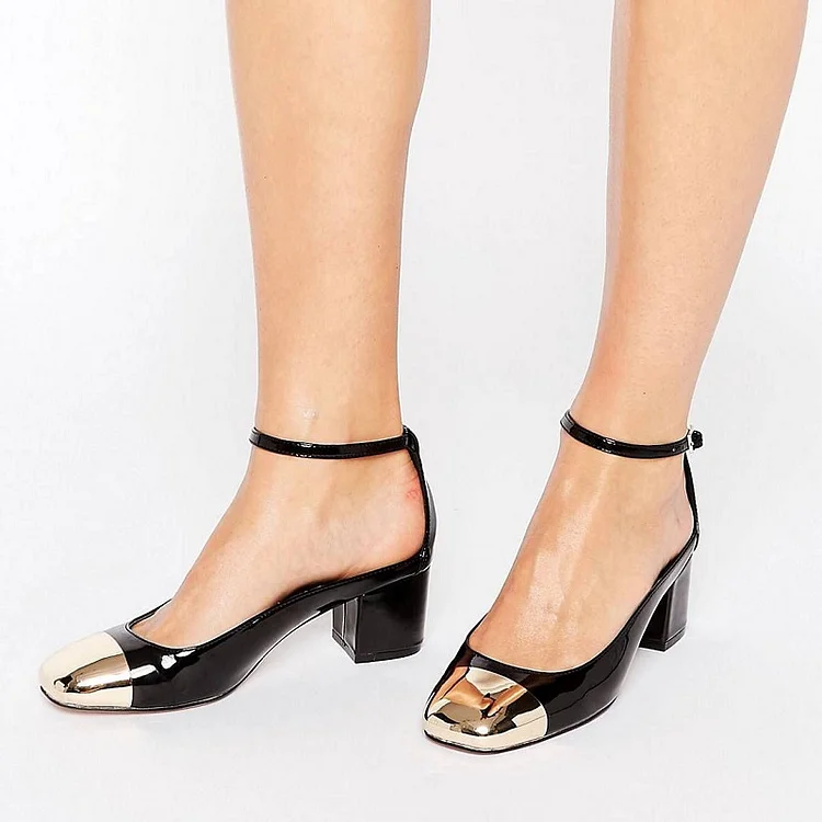 Black and Golden Patent Leather TPU Ankle Strap Block Heel Pumps |FSJ Shoes