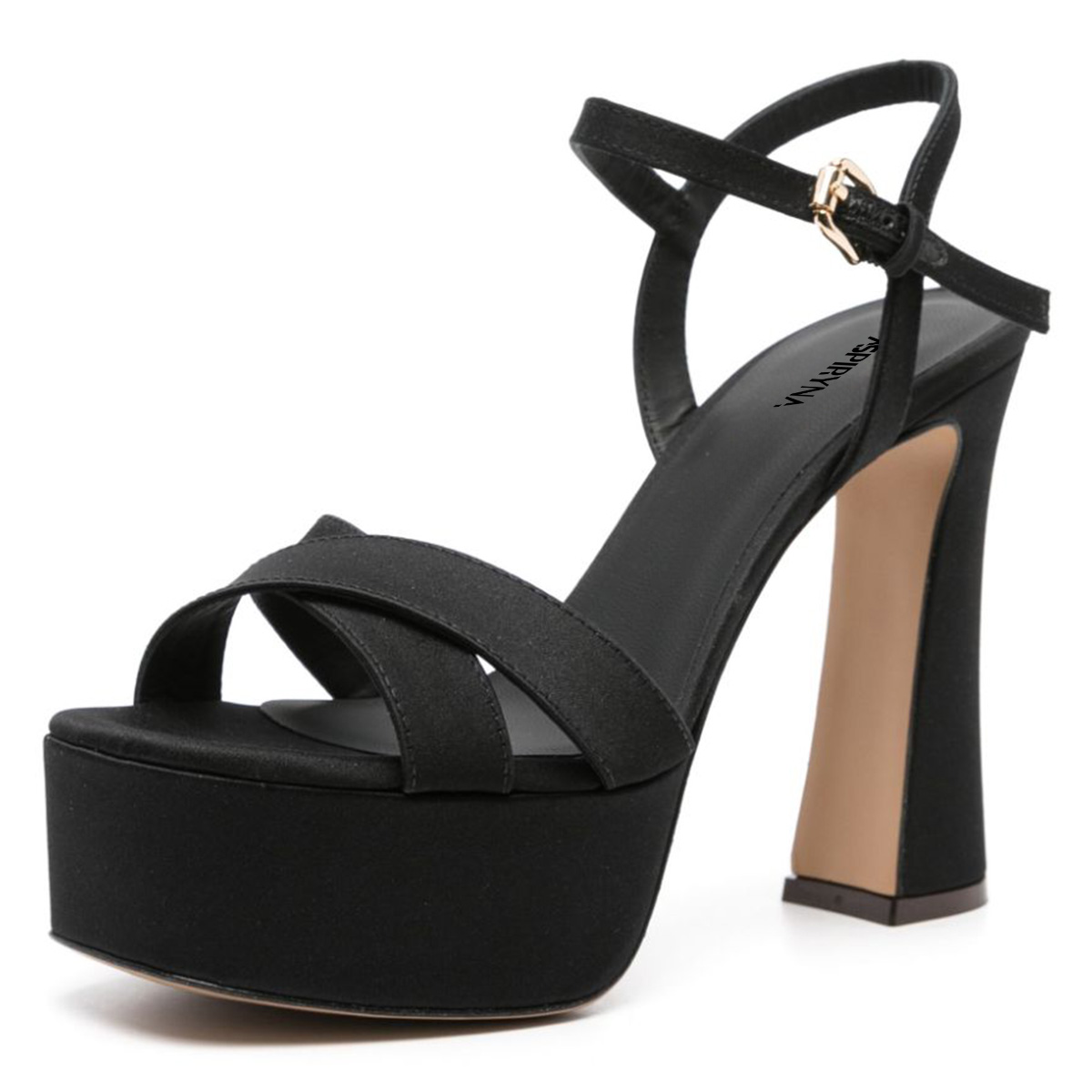 Black Faux Suede Chunky High Heel Square Toe Buckle Summer Sandals Nicepairs