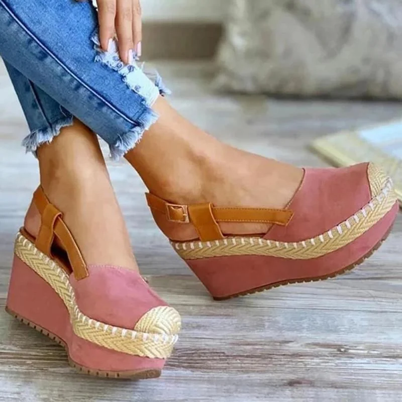 Women's Solid Color Suede Stitching Woven Slope heel Buckle Round Toe High-heeled Fashion Trend Sexy Elegant All-match Sandals