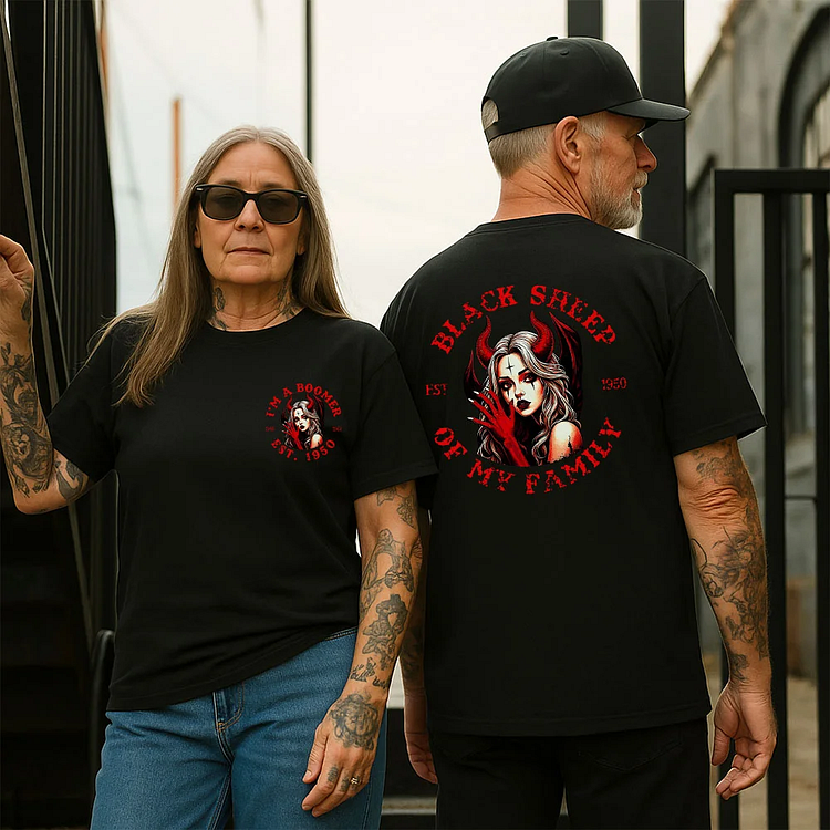 BLACK SHEEP OF MY FAMILY Devil Girl Print T-Shirt, Boomer Custom Year Of Birth T shirt, Cotton Tee Shirt