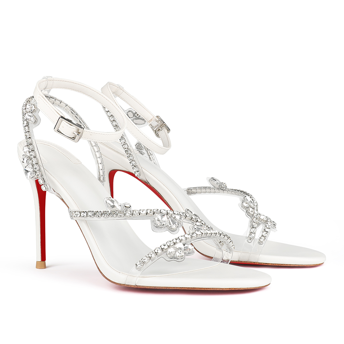 100mm Spotlight Wavy Straps Red Bottom Stilettos Rhinestones Sandals -MERUMOTE