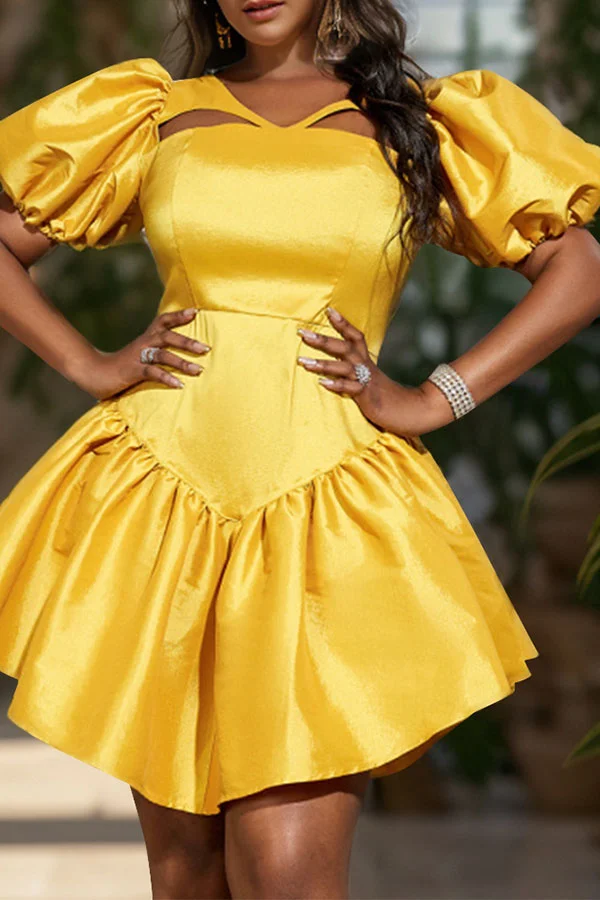 Solid Color Cutout Cute Puff Sleeve Pleated Midi Dress