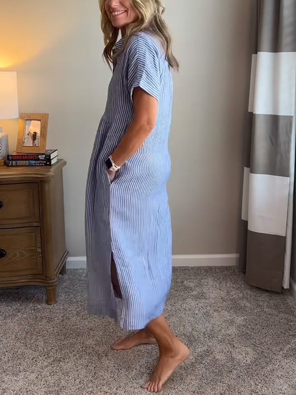 Vestido camiseiro às riscas com lapela e botões | Com bolsos práticos