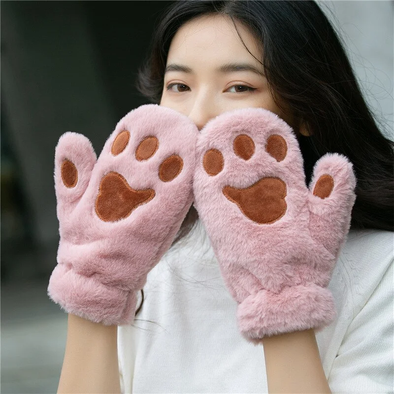 Winter Warm Gloves Women Cat Paw Printing Gloves Mobile Phone Touchscreen Knitted Gloves Adult Soft Fluffy Gloves Men's Women