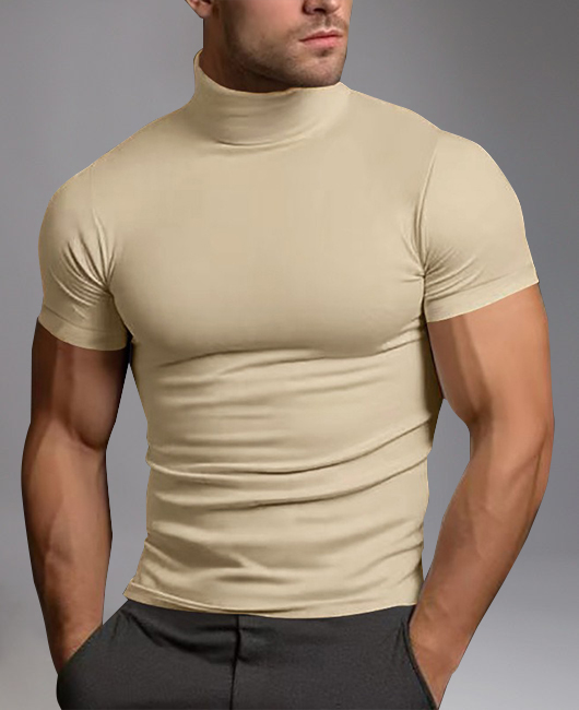 Fashion Solid High Neck Short Sleeve Slim Fit T-Shirt