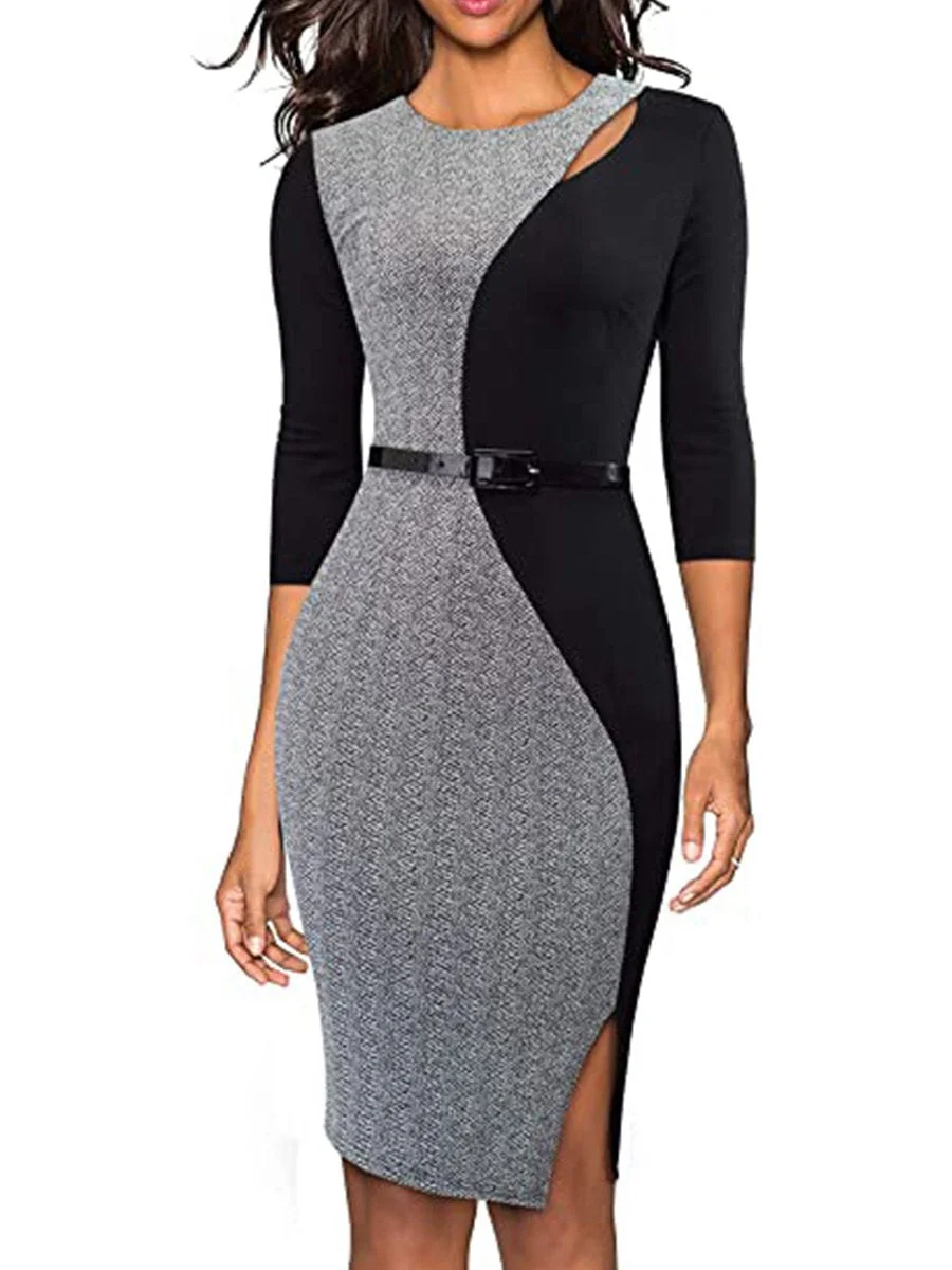 Women's Pencil Dress 3/4 Sleeve Colorblock Belted Slim Fit Work Dress