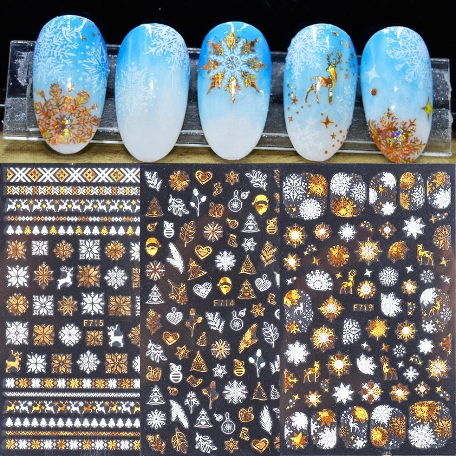 Christmas SnowflakeGold 3D Nail Stickers Sparkly iridescent Silver Xmas Tree Elk Deer Transfer Sliders Winter Nails Accessories-Nail Inspo