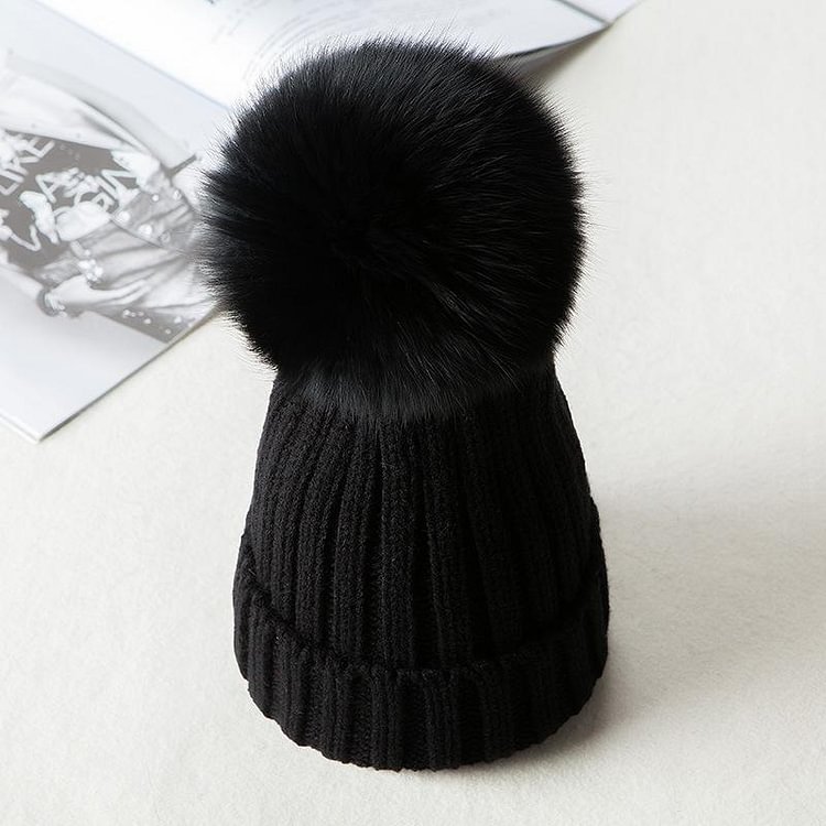 Winter Knit Beanie Hat Detachable Warm Fur Pom Pom - Modakawa Modakawa