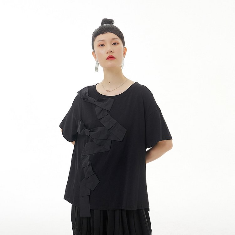 Casual Loose O-neck Patchwork Bow Decorate Short Sleeve T-shirt    