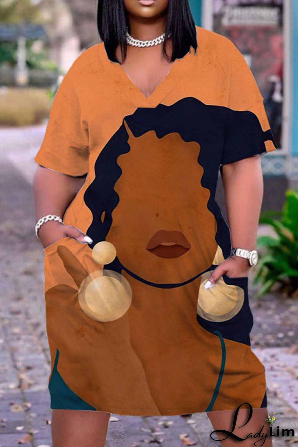 Red Casual Print Patchwork V Neck Straight Dresses