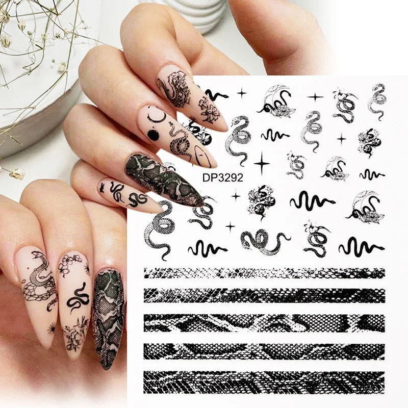 1 Pc Black Snake 3D Nail Stickers for Nails Geometry Animal Texture Design Manicure Dragon Nail Art Decals Sliders DIY Decor-Nail Inspo