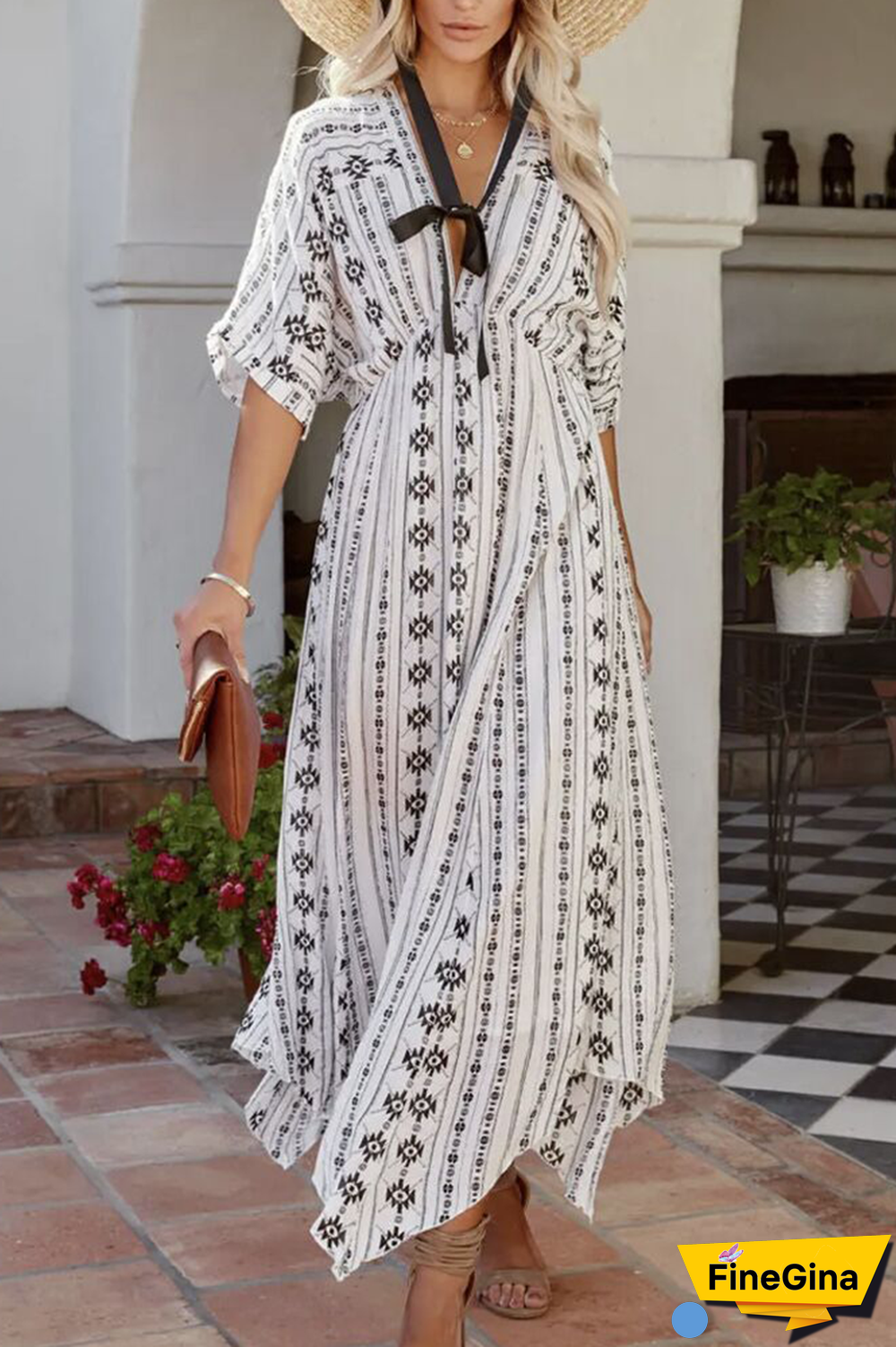 Casual Print Patchwork V Neck Waist Skirt Dresses
