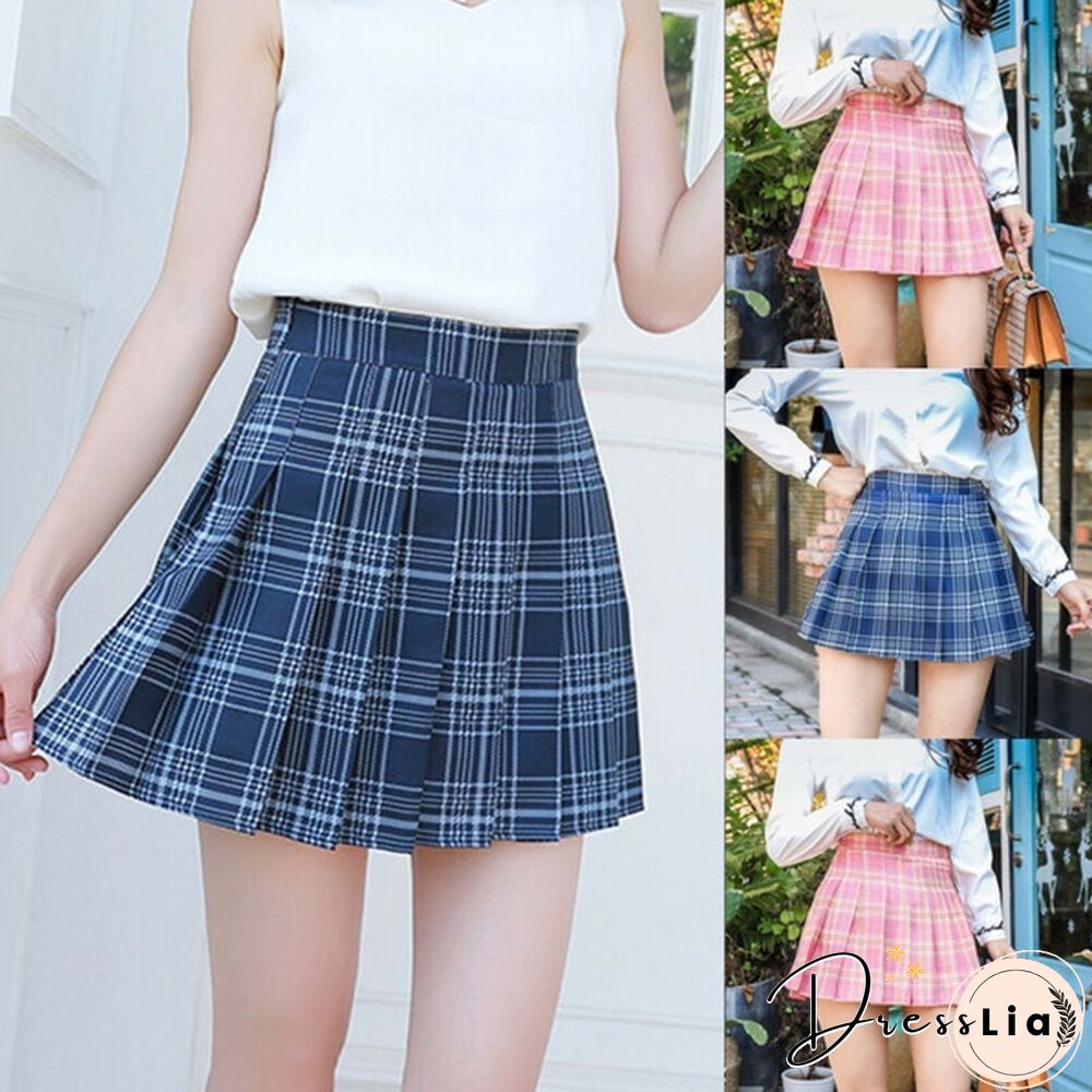 Women Girls High Waisted Plain Pleated Skirt Skater Tennis School Uniforms A-Line Mini Skirt Lining Shorts