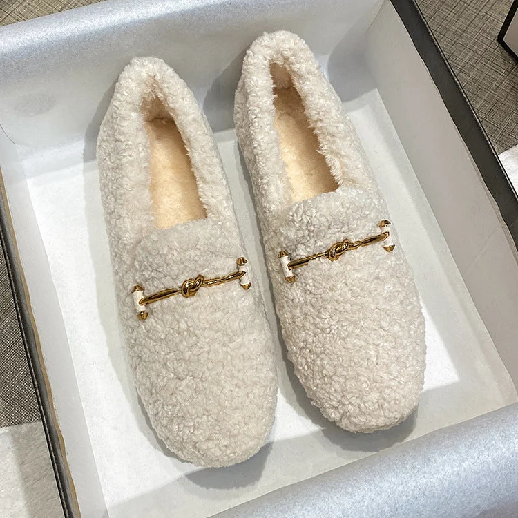 Furry Outer Wearing Flats Loafers Chain Decor Backless  Wild Fluffy Flat Mules Warm QueenFunky