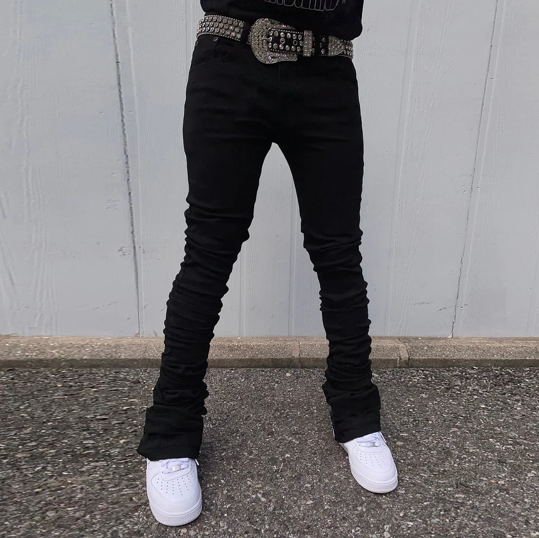 Fashion solid color casual straight hole street style trousers