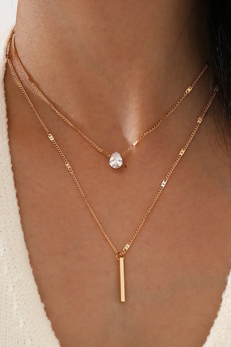 Drop Shaped Rhinestone Pendant Layered Chain Necklace