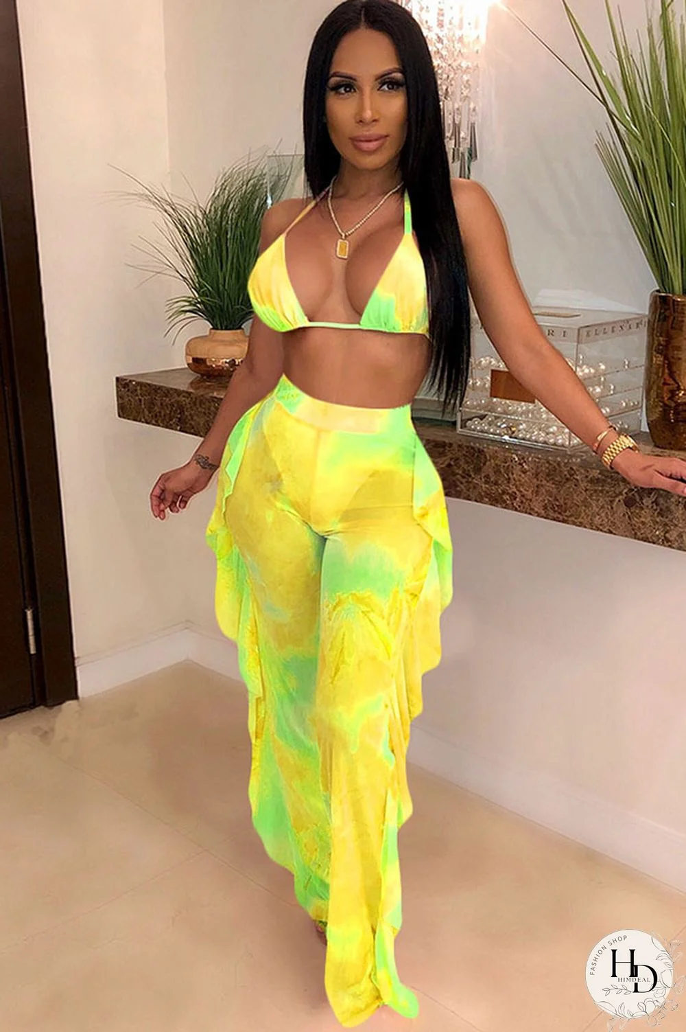 Army Green Sexy Fashion Stringy selvedge Print Tie Dye Patchwork Loose Sleeveless