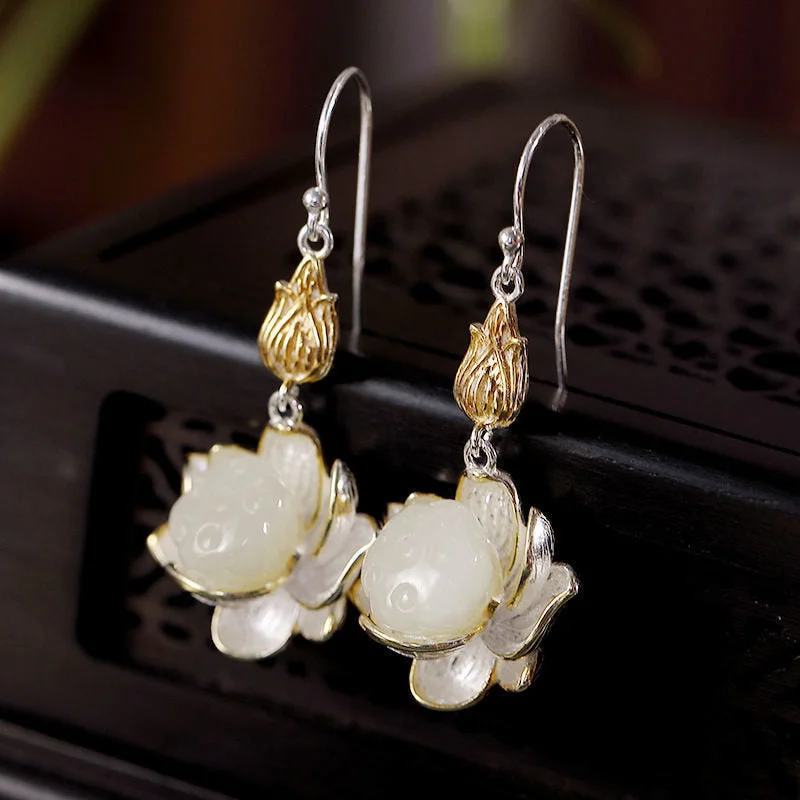 White Jade Lotus Harmony Protection Drop Earrings