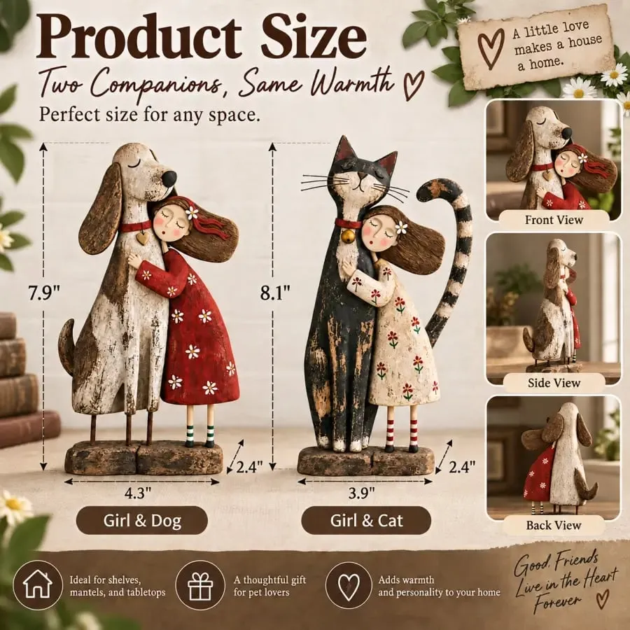 Dimensions for the girl and dog and girl and cat figurines