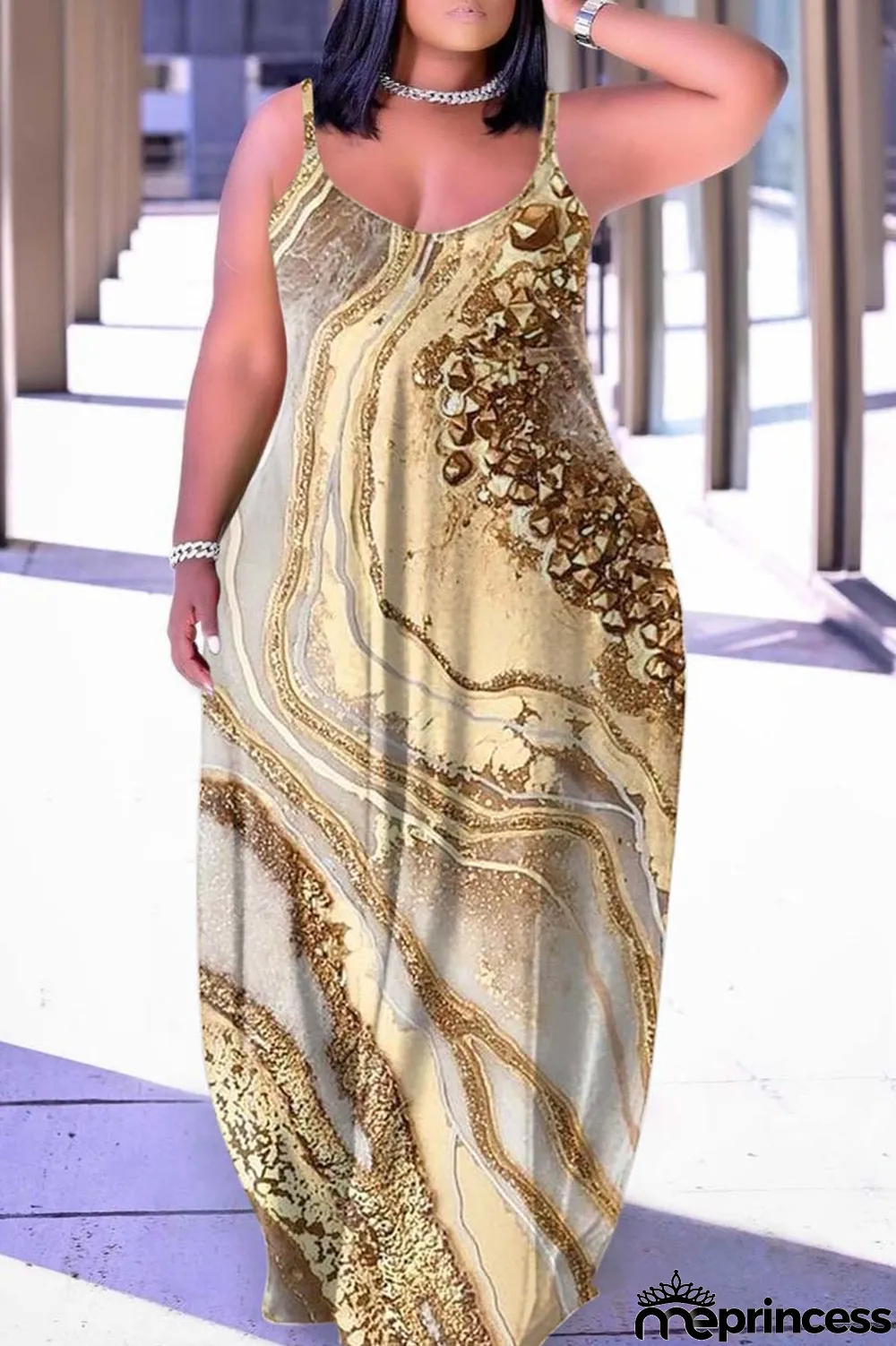 Dark Purple Sexy Casual Print Backless Spaghetti Strap Long Dress Dresses