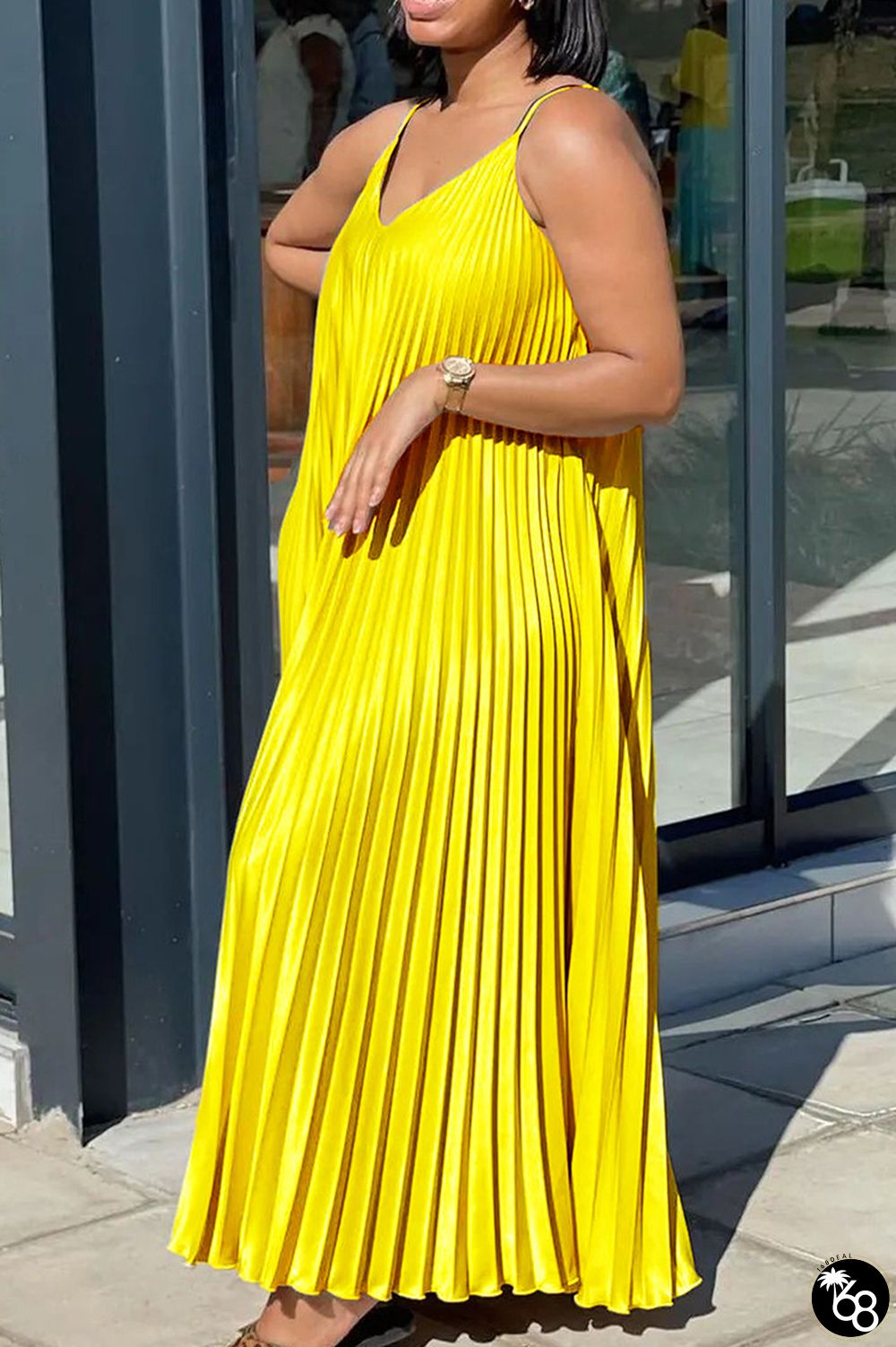 Elegant Solid Patchwork Pleated Spaghetti Strap Pleated Dresses | 168DEAL