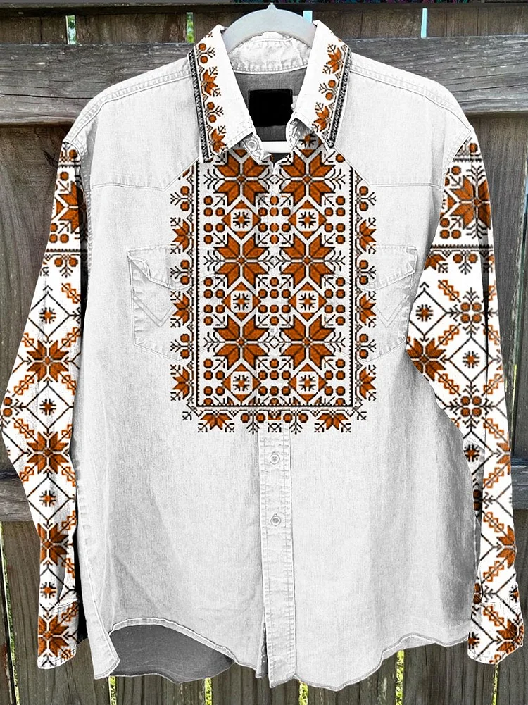 Men's White Bohemian Style Vintage Stripe Print Casual Shirt