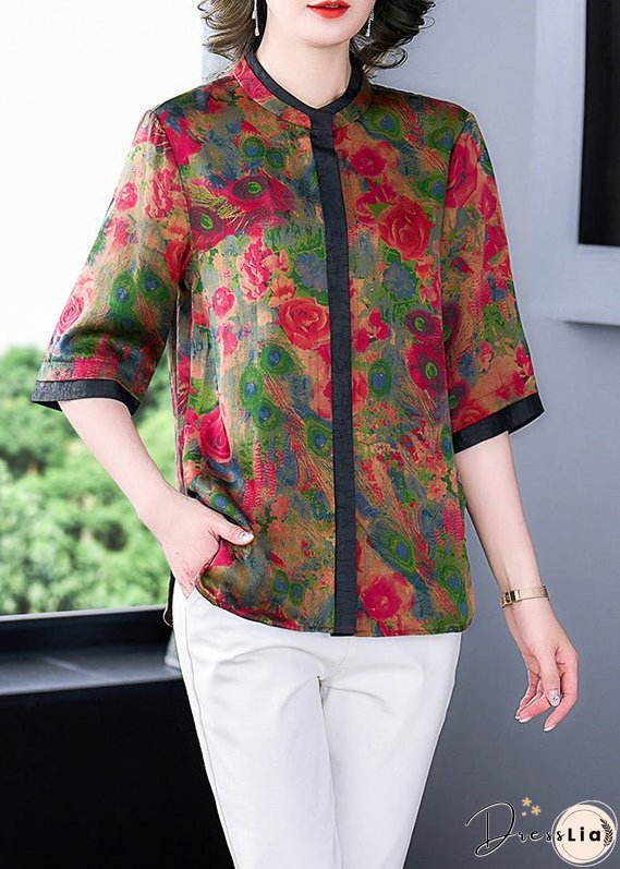 Style Red Stand Collar Patchwork Floral Print Silk Blouses Half Sleeve