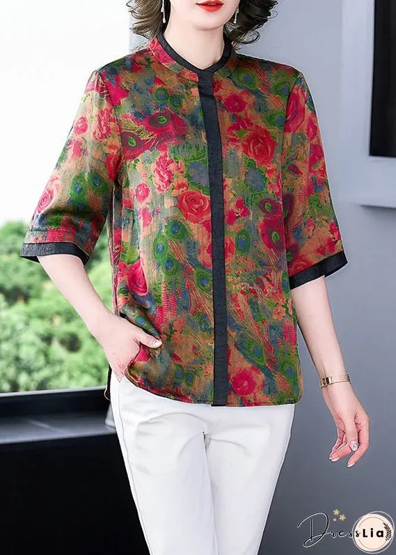 Style Red Stand Collar Patchwork Floral Print Silk Blouses Half Sleeve