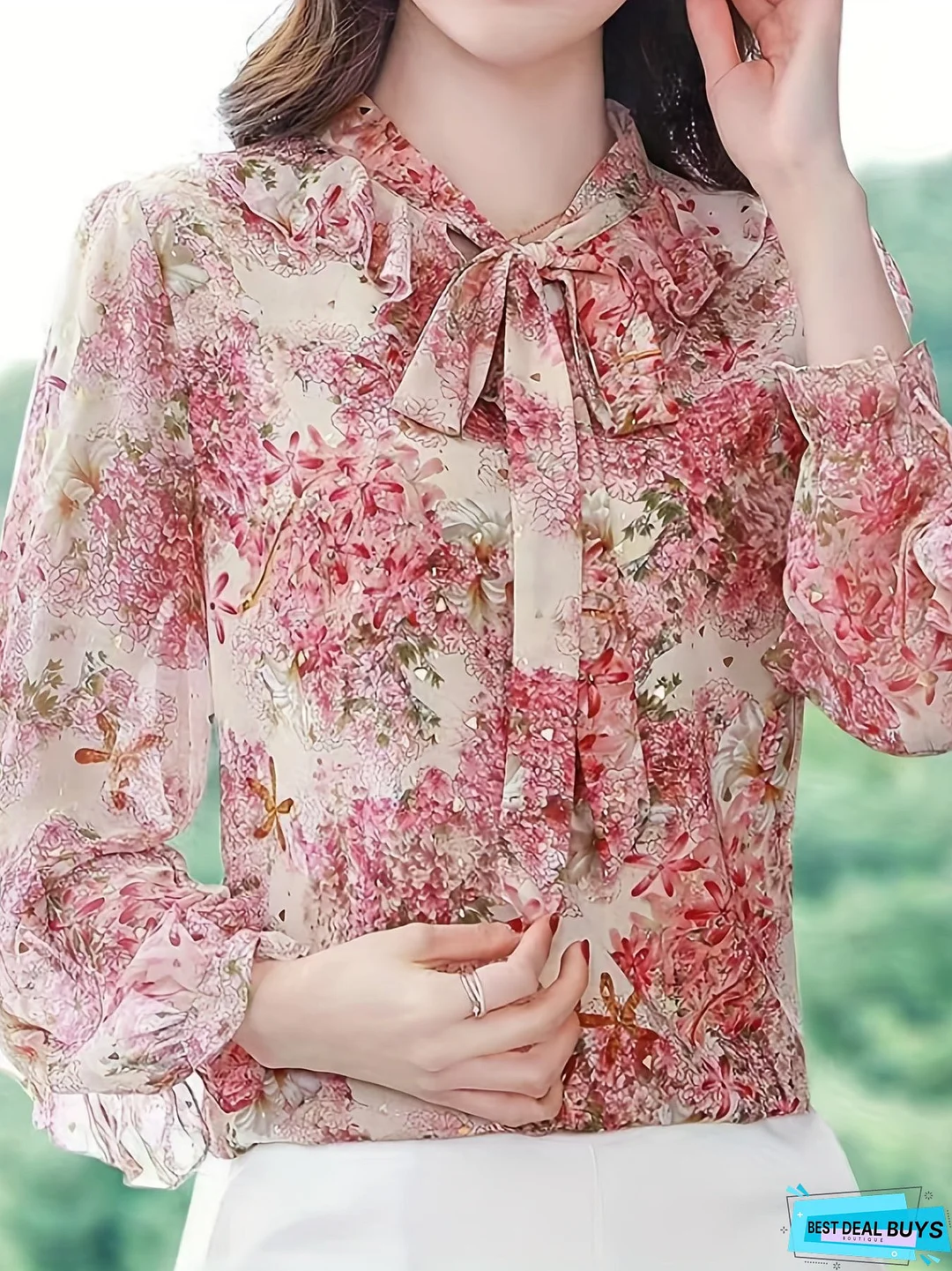 Floral Print Ruffle Trim Blouse, Elegant Tie Neck Long Sleeve Blouse For Spring & Fall, Women's Clothing