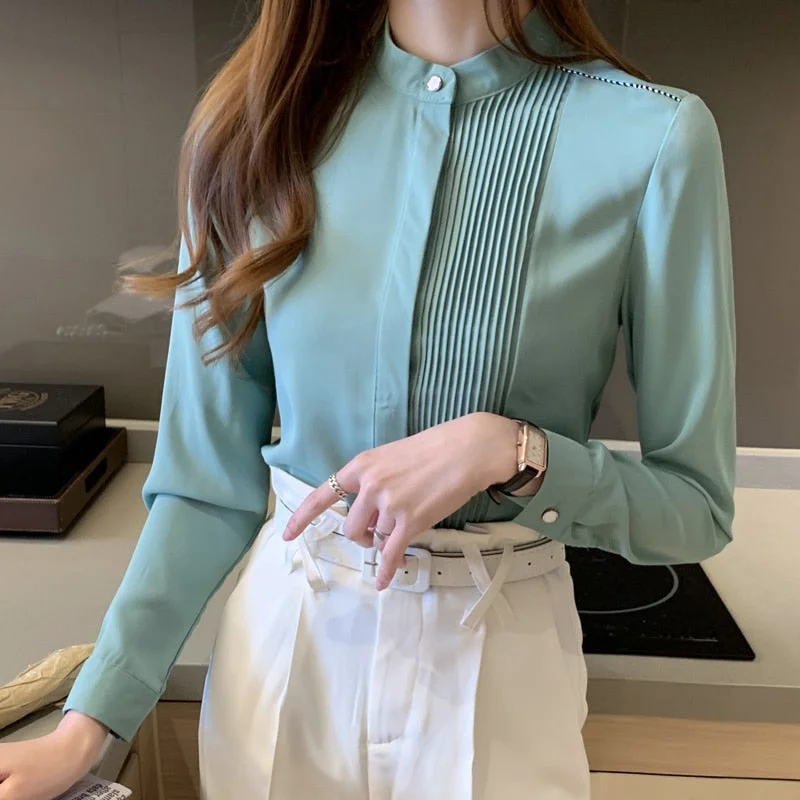 Long Sleeve Chiffon Blouse Shirt Tops Blouse Women Blusas Mujer De Moda 2021 Stand Collar Office Blouse Women Blouses Blusa E225