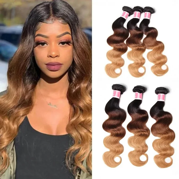 T1B/4/27# Three Tone Ombre Brazilian Body Wave Virgin Hair 3 Bundles