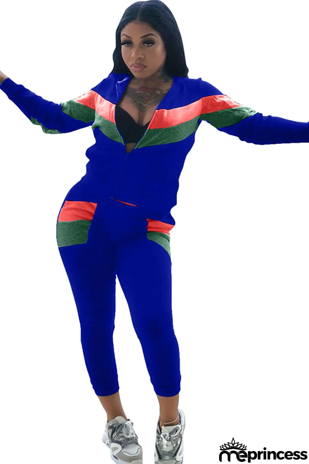 Blue Polyester Casual Two Piece Suits Patchwork Striped Straight Long Sleeve Two-piece Pants Set