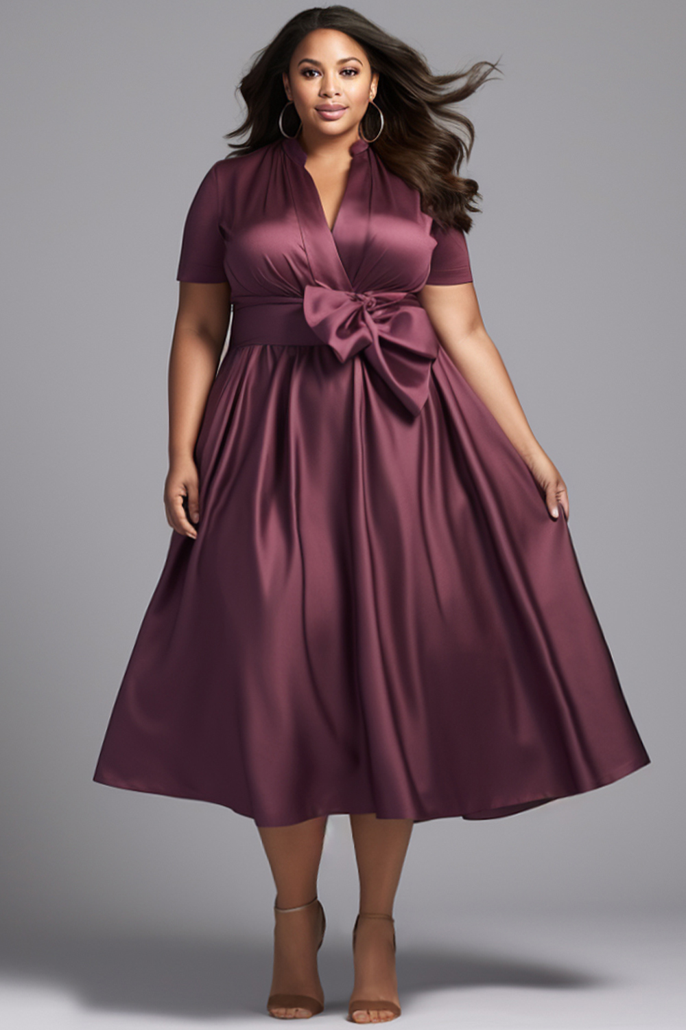 Flycurvy Plus Size Everyday Persian Plum Satin Wrap Short Sleeve Tea-Length Dress