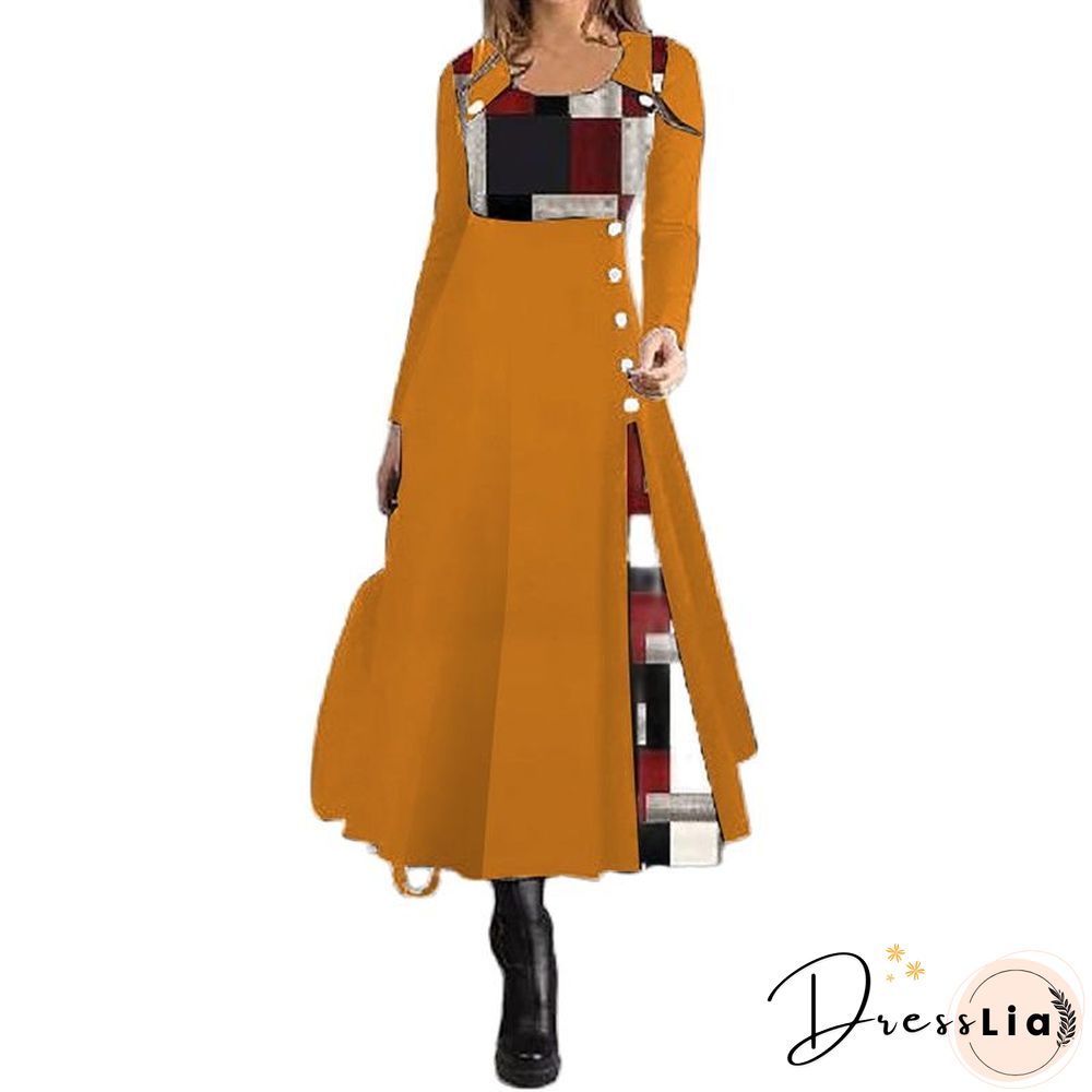 Womens O-Neck Patchwork Button Loose Pullover Long Dress Autumn Pattern Print A-Line Party