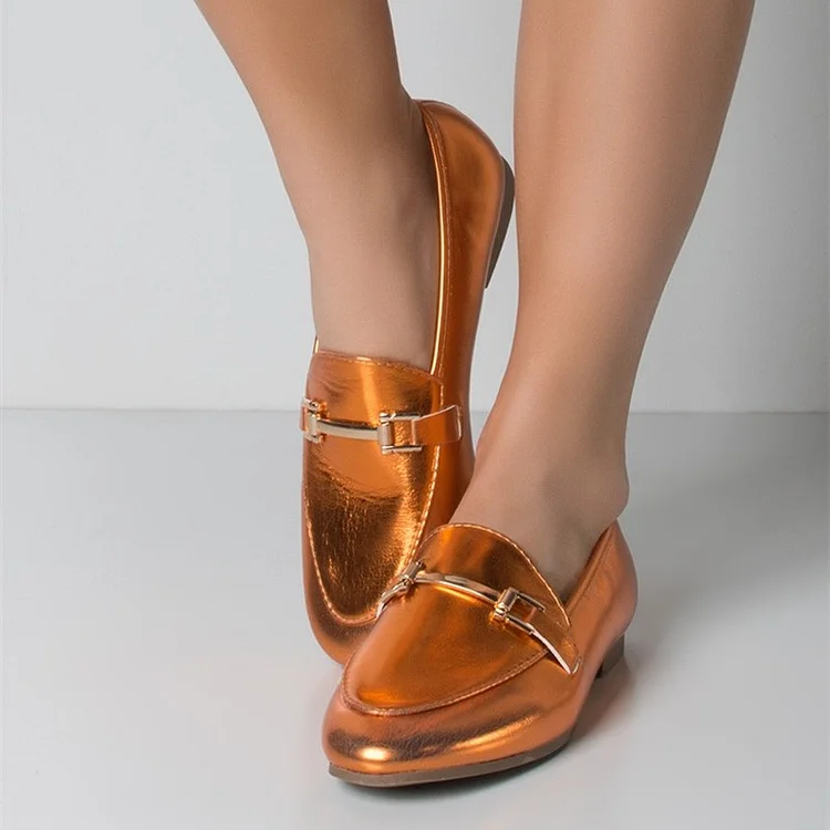 Orange Metallic Vegan Leather Loafers for Women |FSJ Shoes