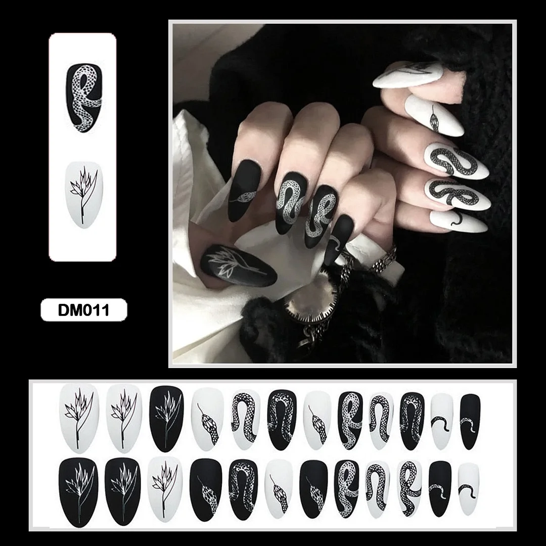 24PCS Dark Punk False Nails with Glue Gradient Long Detachable Fire Stick on Nails Skull Flame  Art DIY Fashion Manicure Tool-Nail Inspo