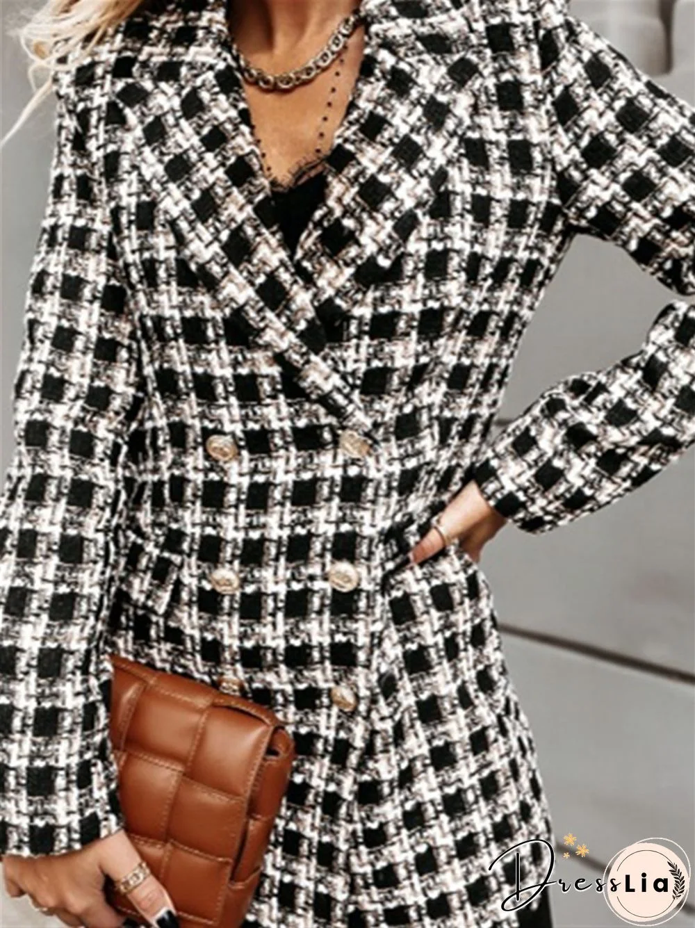 Plaid Suit Collar Double Row Button Woolen Coat