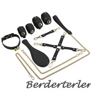 pornhint Pornhint 6Pcs Suit Set Handcuffs Shackles Collars Traction Ropes Leather Pat Couples