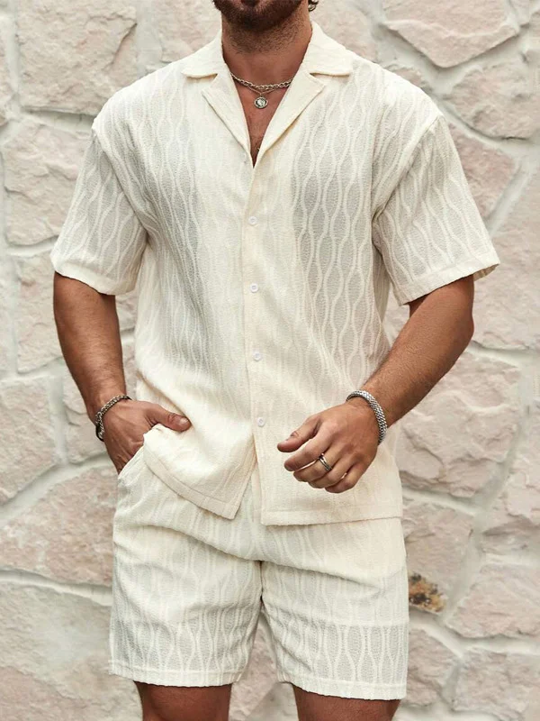 Men's Geometric Textured Loose Short Sleeve Shirt Shorts Matching Set