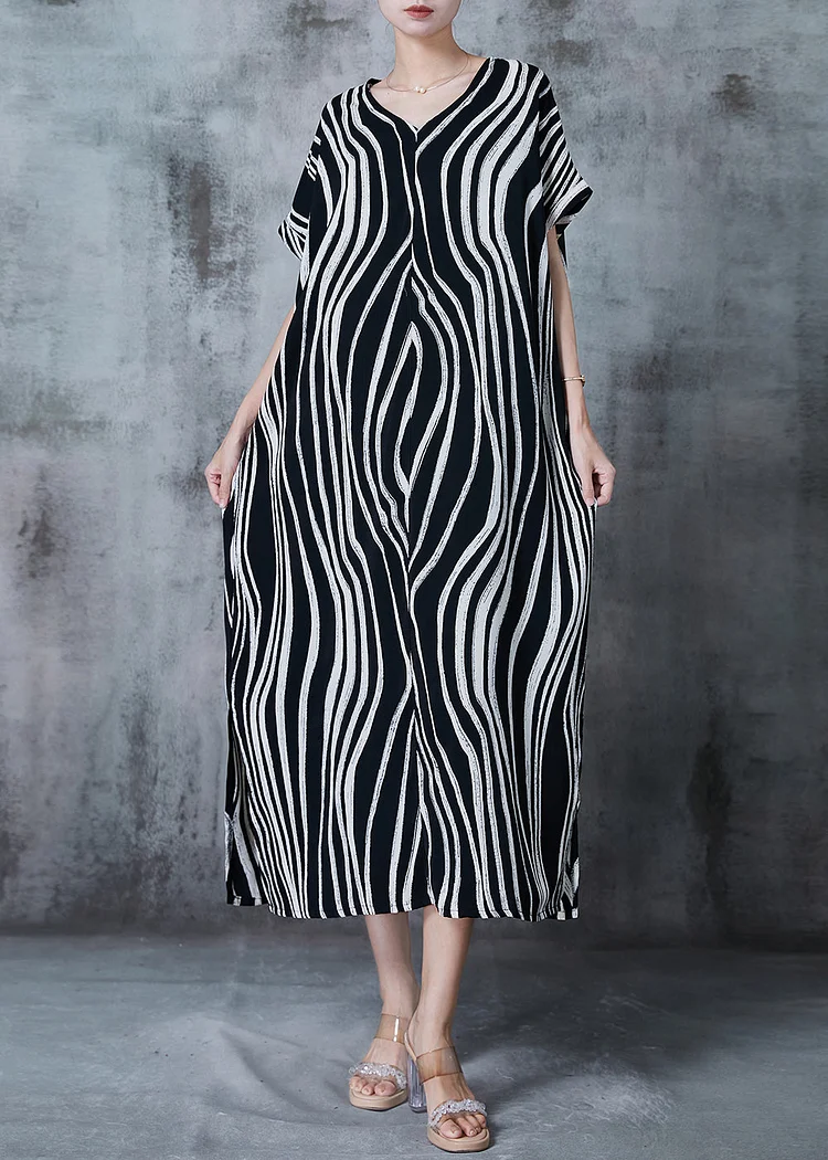 Vintage Black Oversized Striped Chiffon Dress Summer