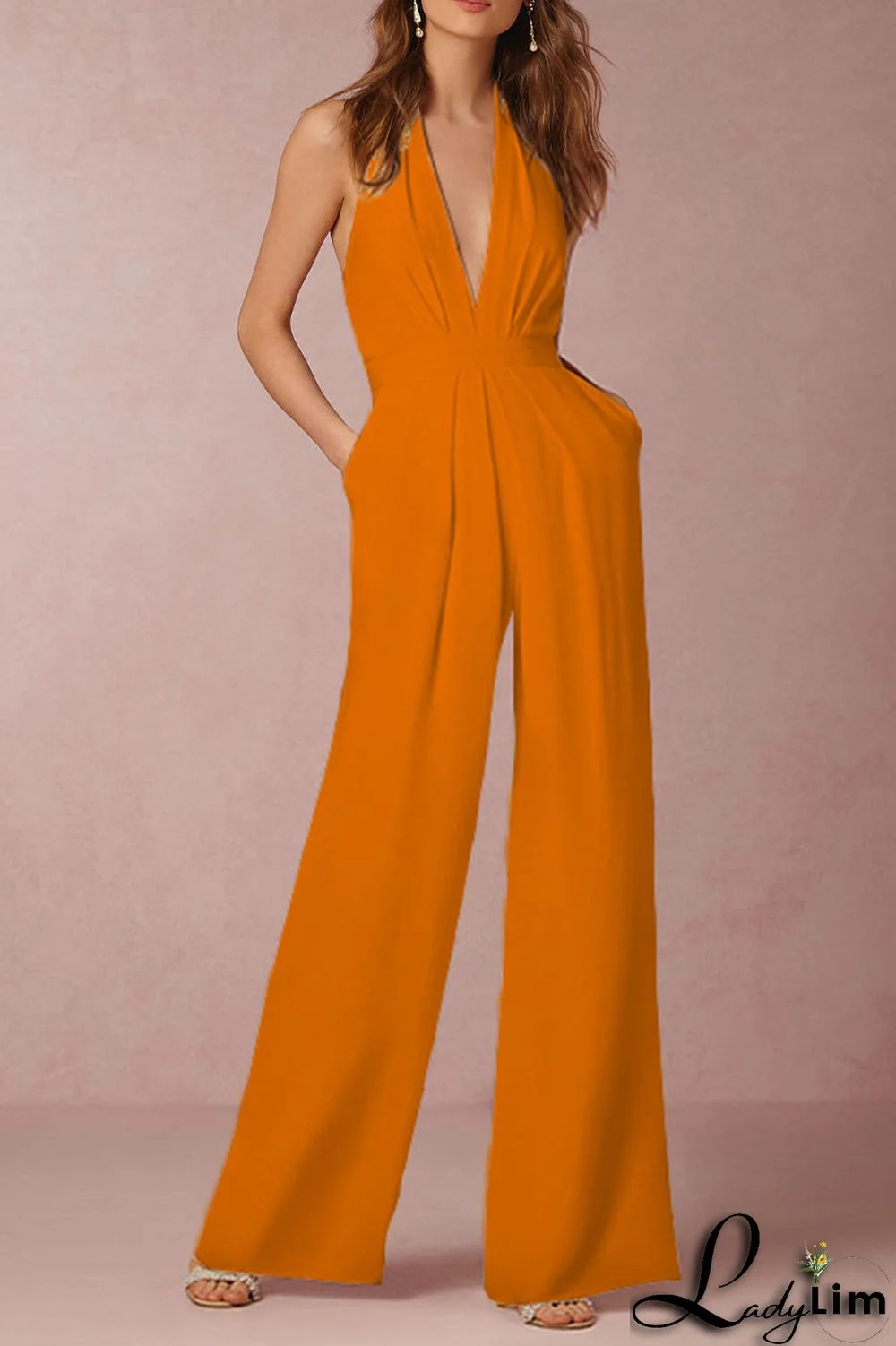 Sexy Elegant Solid Backless Fold V Neck Regular Jumpsuits(12 Colors)
