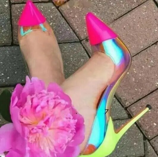 VCSHOES Pink Blue Pointed Toe Clear PVC Pumps Woman Neon Yellow Mixed Color Thin Heels Patchwork Shallow Wedding Shoes