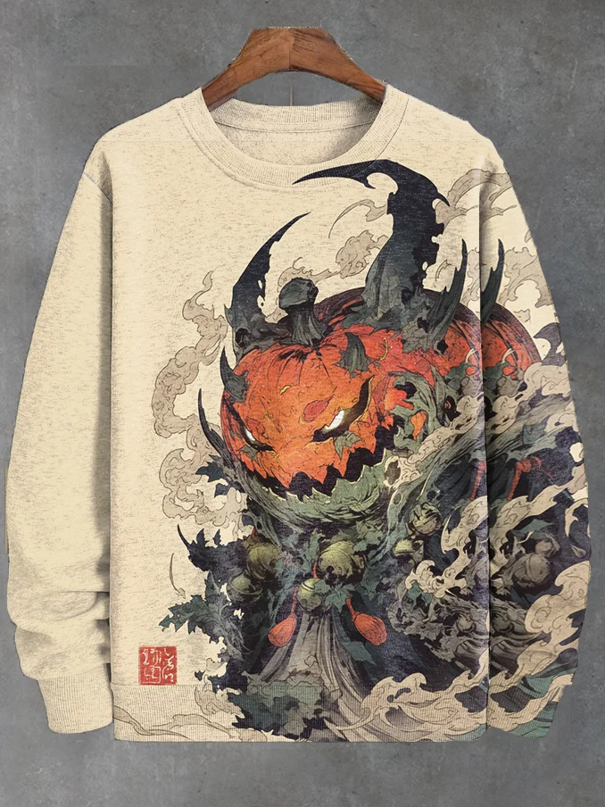 Men's Ukiyo-e Pumpkin Monster Ink Painting Print Casual Sweatshirt