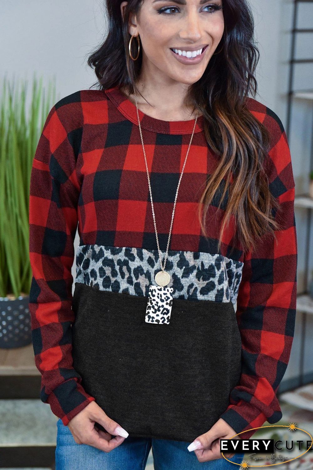 Red Plaid Leopard Print Splicing Sweatshirt