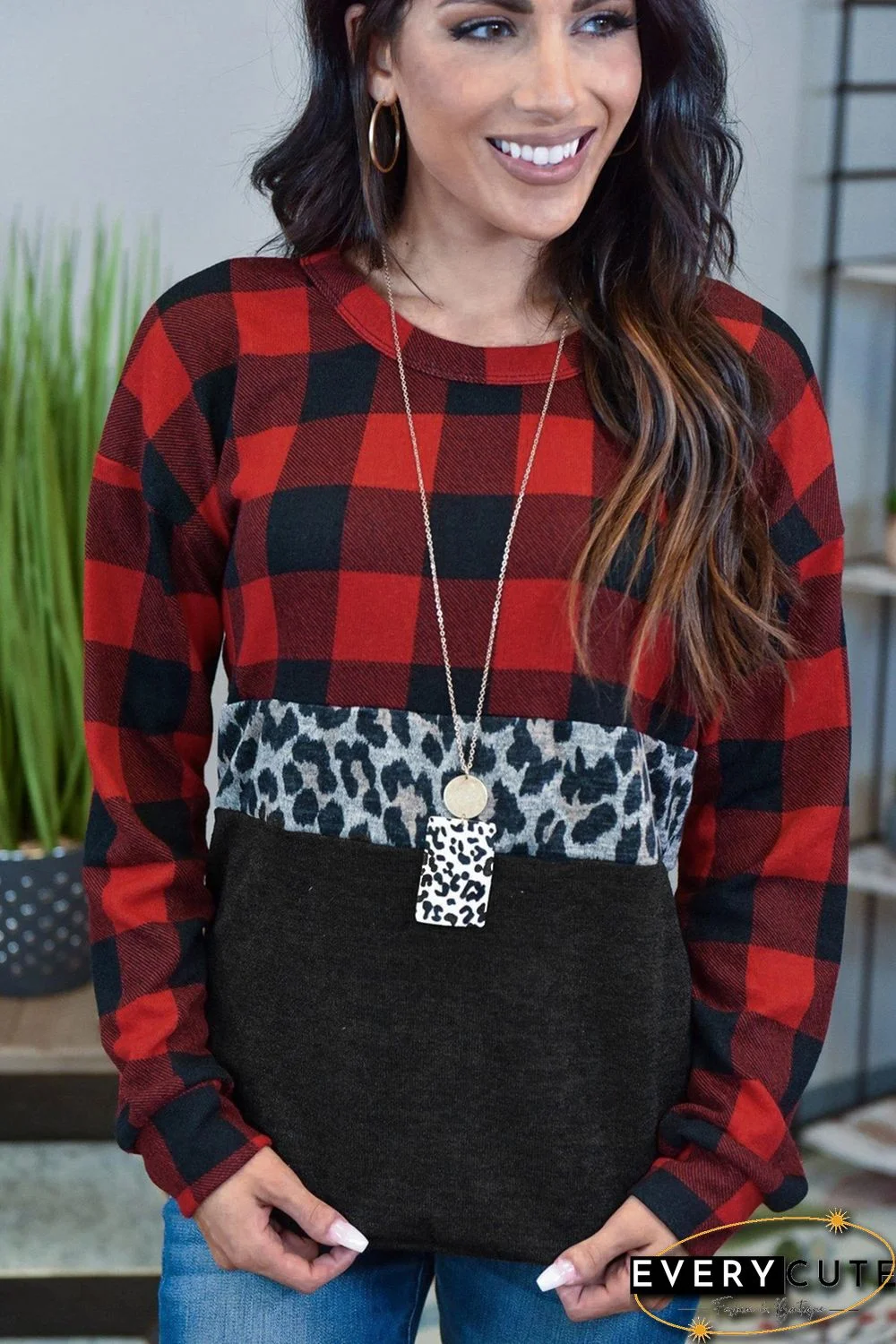 Red Plaid Leopard Print Splicing Sweatshirt