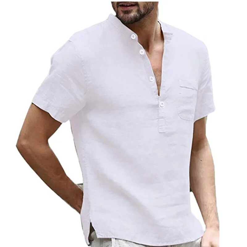 Men's Linen T-Shirt Summer Fashion Button V-Neck Short Sleeve Tee Tops Male Casual Solid Color Patch Pocket T Shirts Streetwear