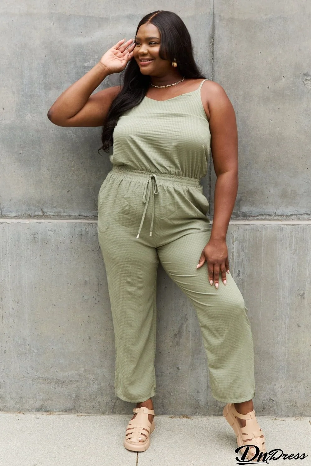 ODDI Full Size Textured Woven Jumpsuit in Sage