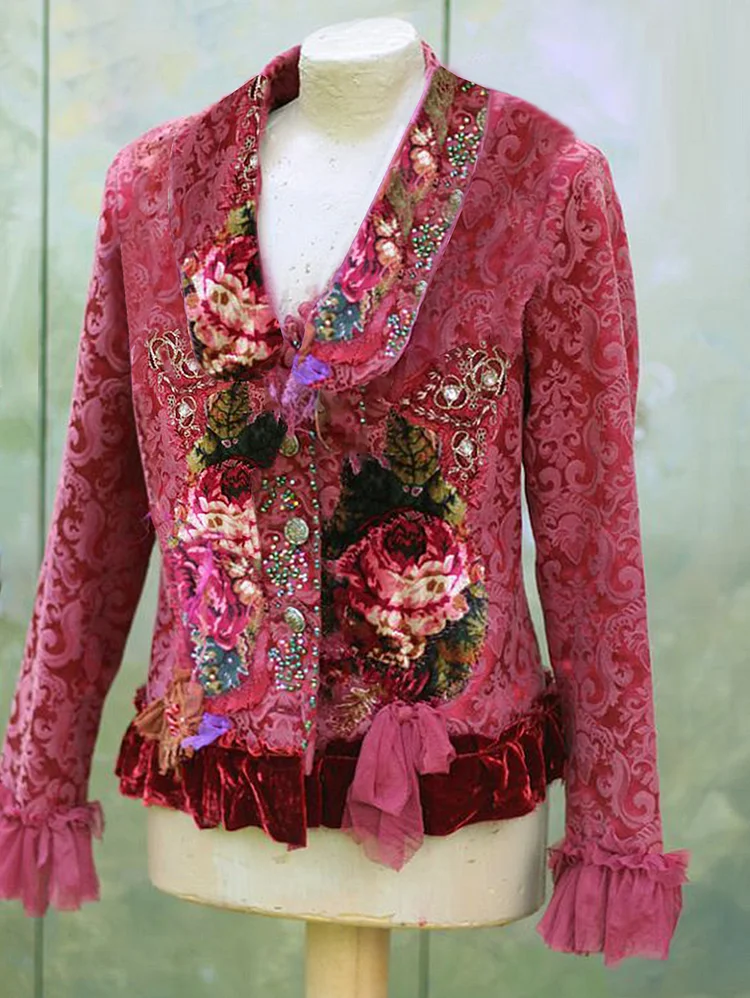 Ursime Velvet Lapel Collar Floral Pattern Lace Trim Patchwork Jacket